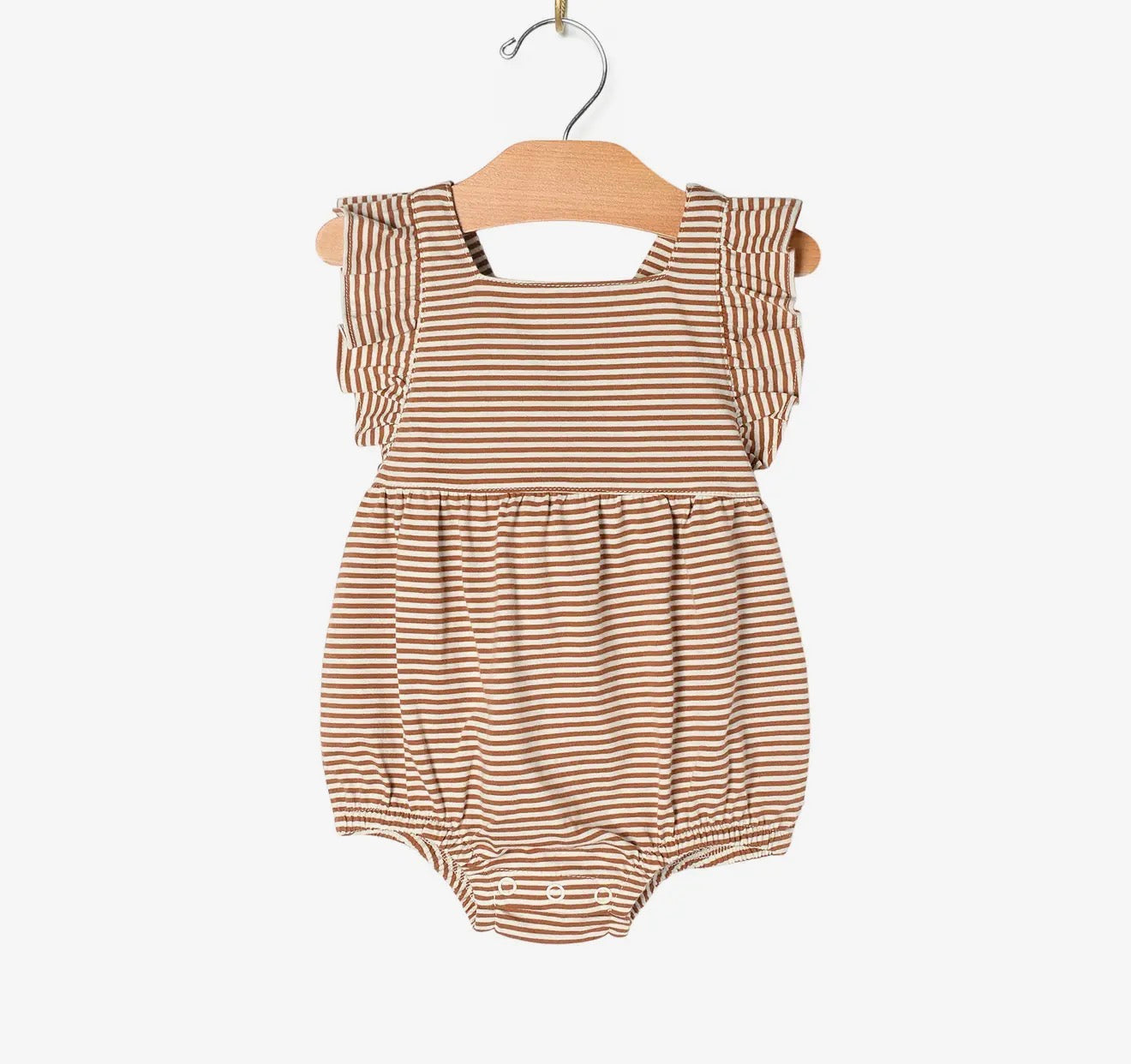 City Mouse Overall Flutter Romper- Toffee Stripe