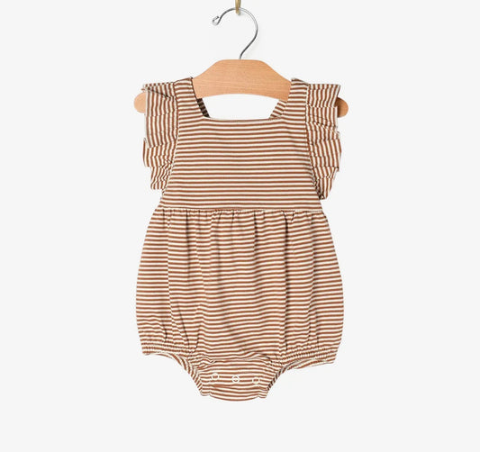 City Mouse Overall Flutter Romper- Toffee Stripe