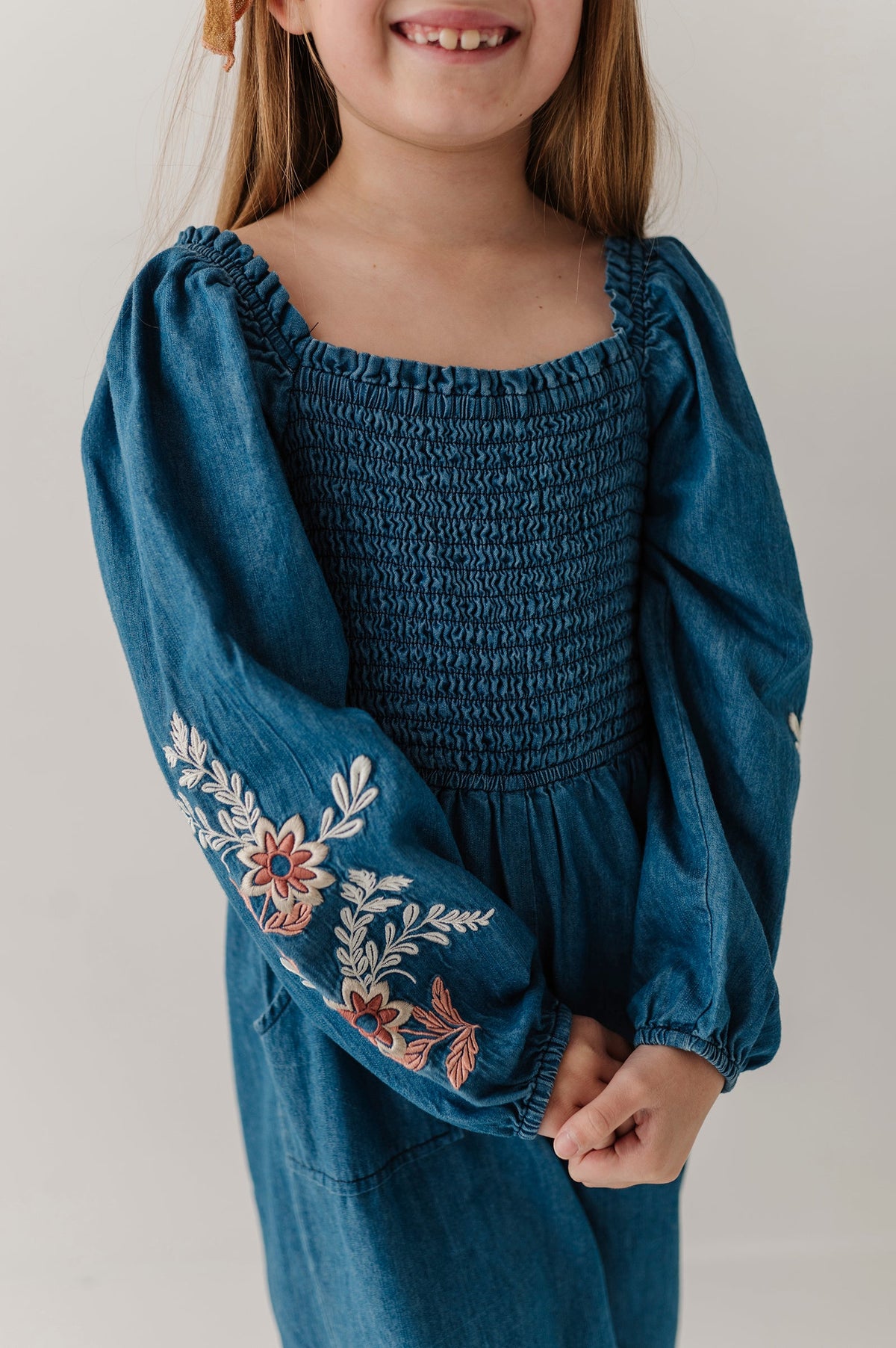 Girls Smocked Embroidery Jumpsuit in Chambray Embroidery