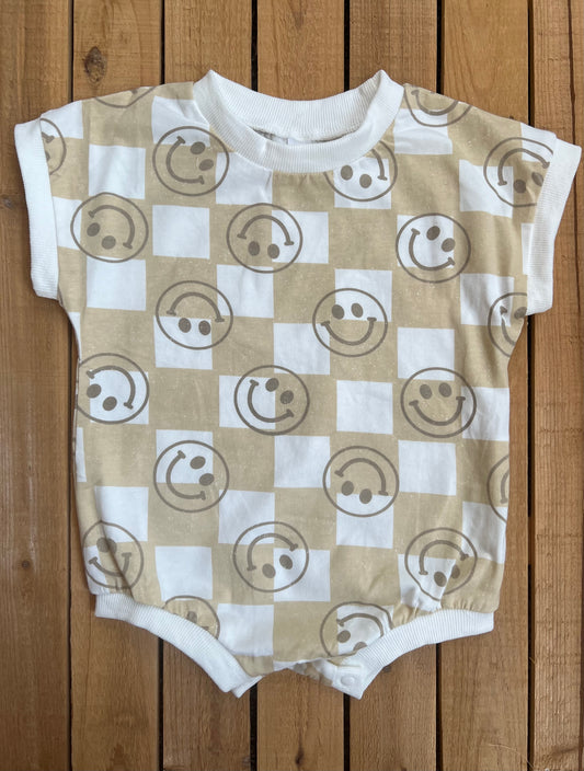 Neutral Checkered Smiley Print Romper