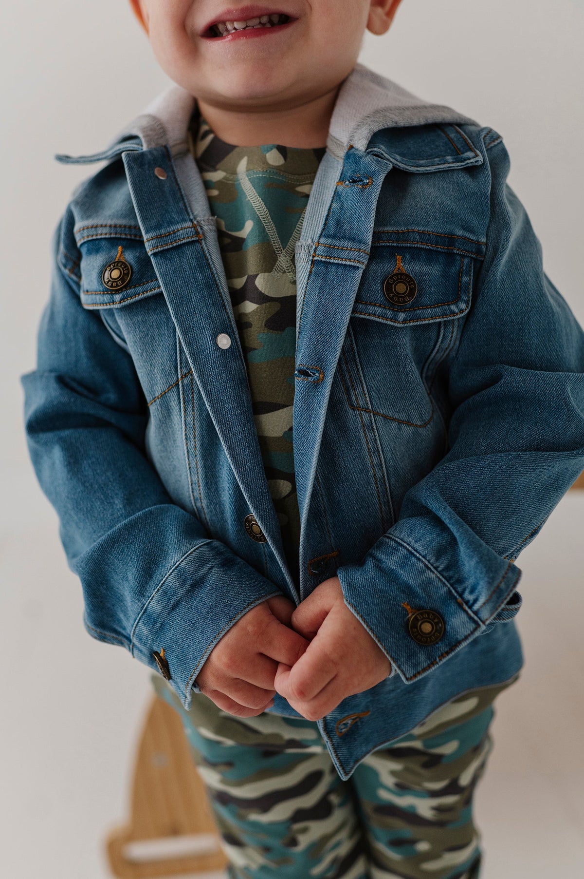Boys Hooded Denim Jacket in Mid Blue Wash