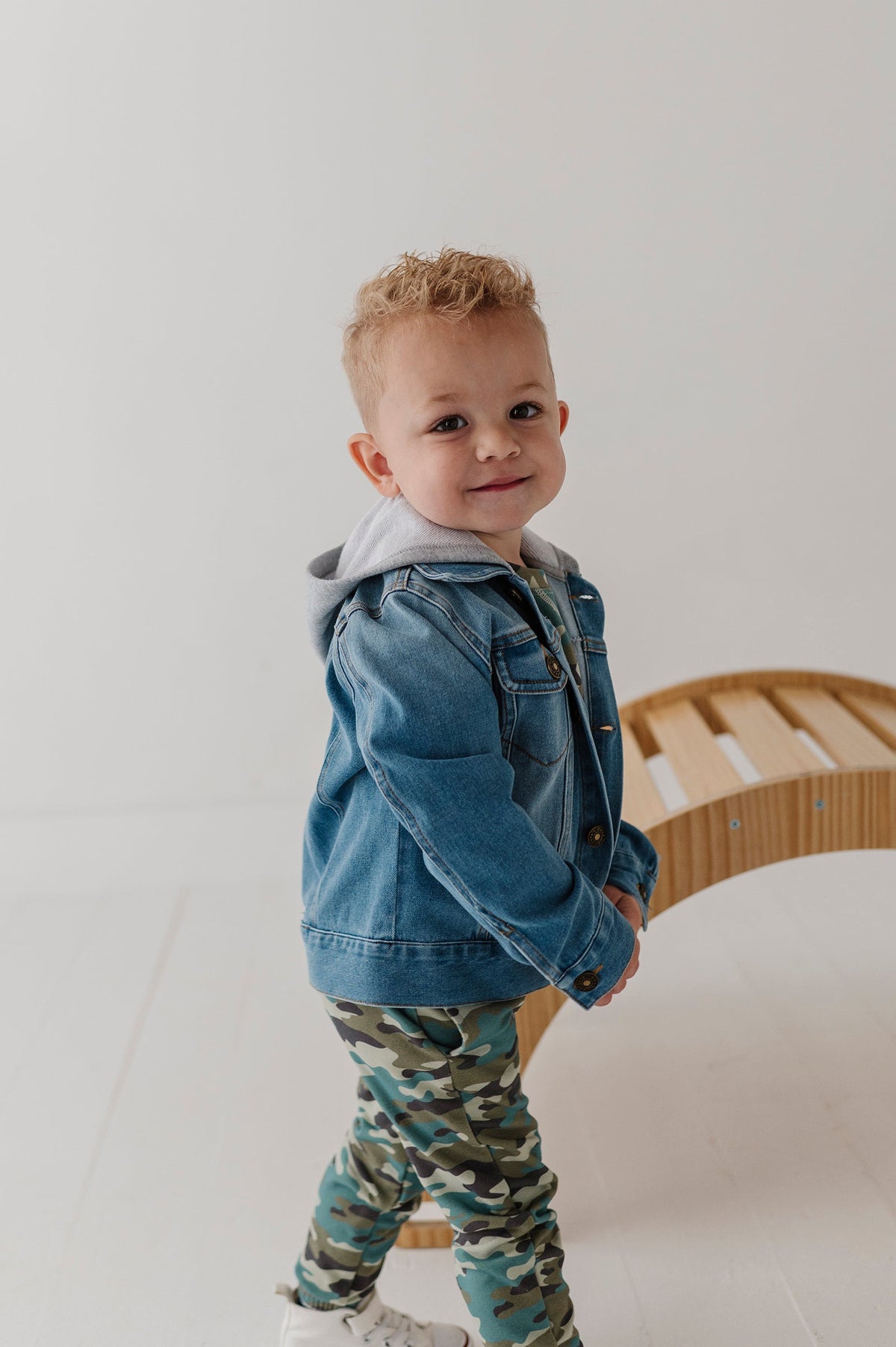 Boys Hooded Denim Jacket in Mid Blue Wash