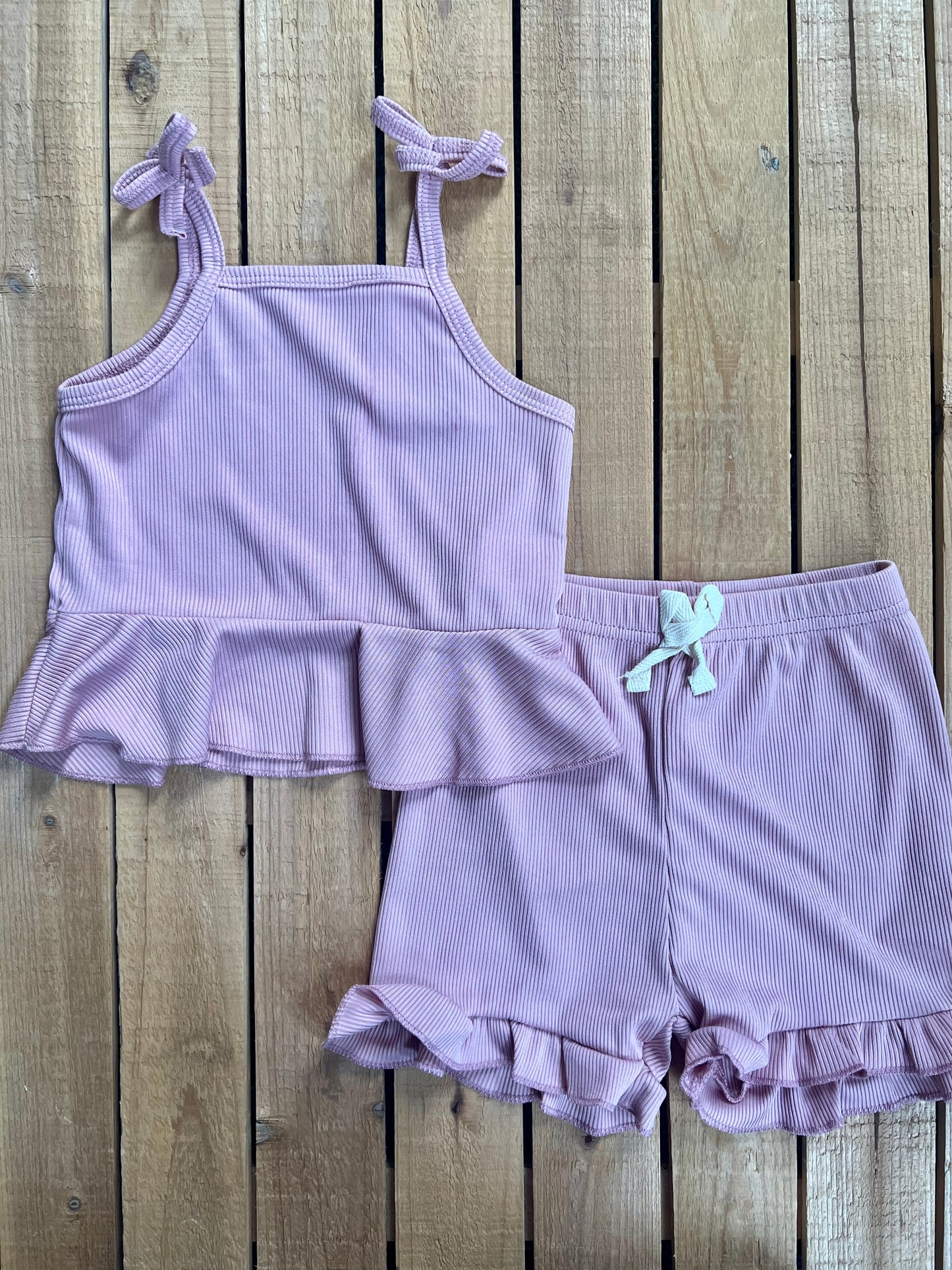 Ribbed Ruffle Trim Tank and Shorts Set