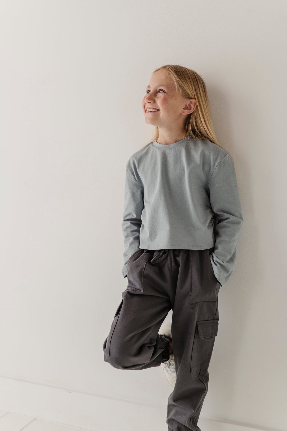 Girls Long Sleeve Shirring Tee in Grayish Blue