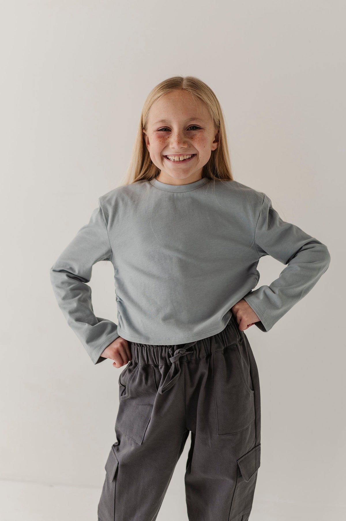 Girls Long Sleeve Shirring Tee in Grayish Blue