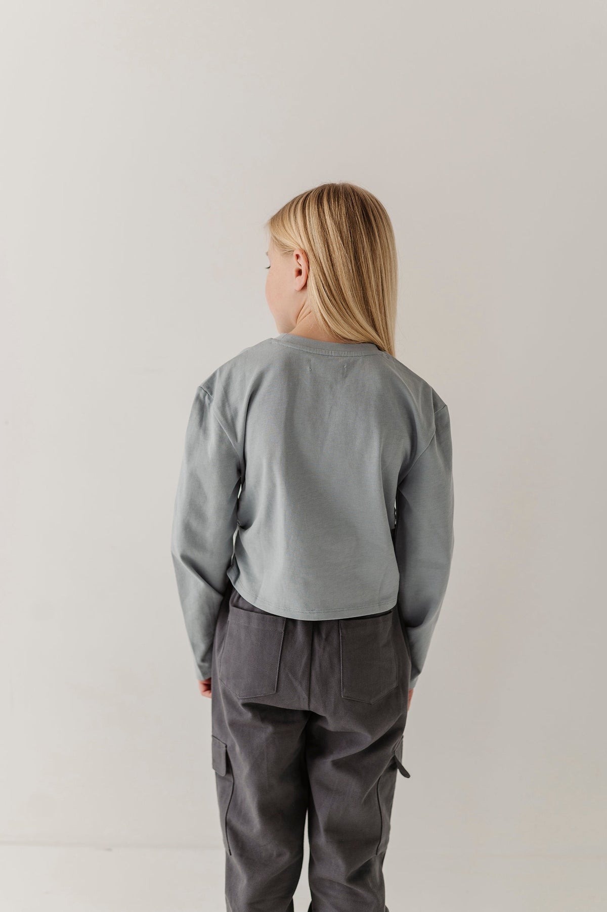 Girls Long Sleeve Shirring Tee in Grayish Blue
