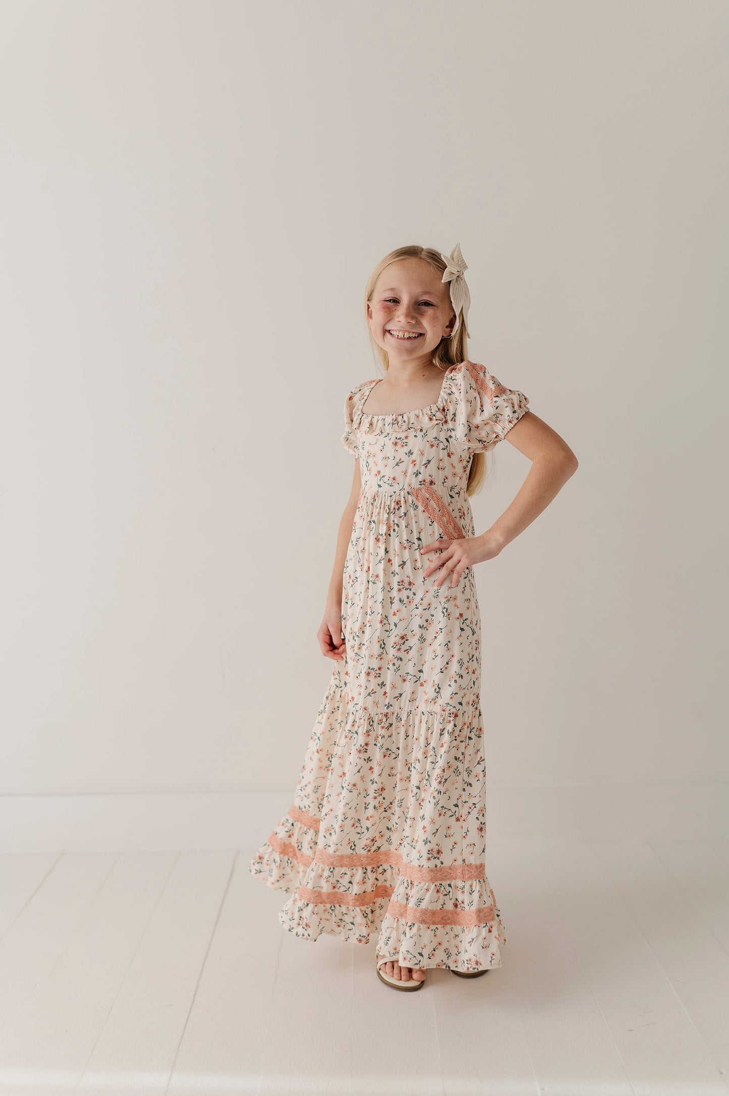Girls Peasant Ruffle Maxi Dress in Dasha Ditsy in Cream