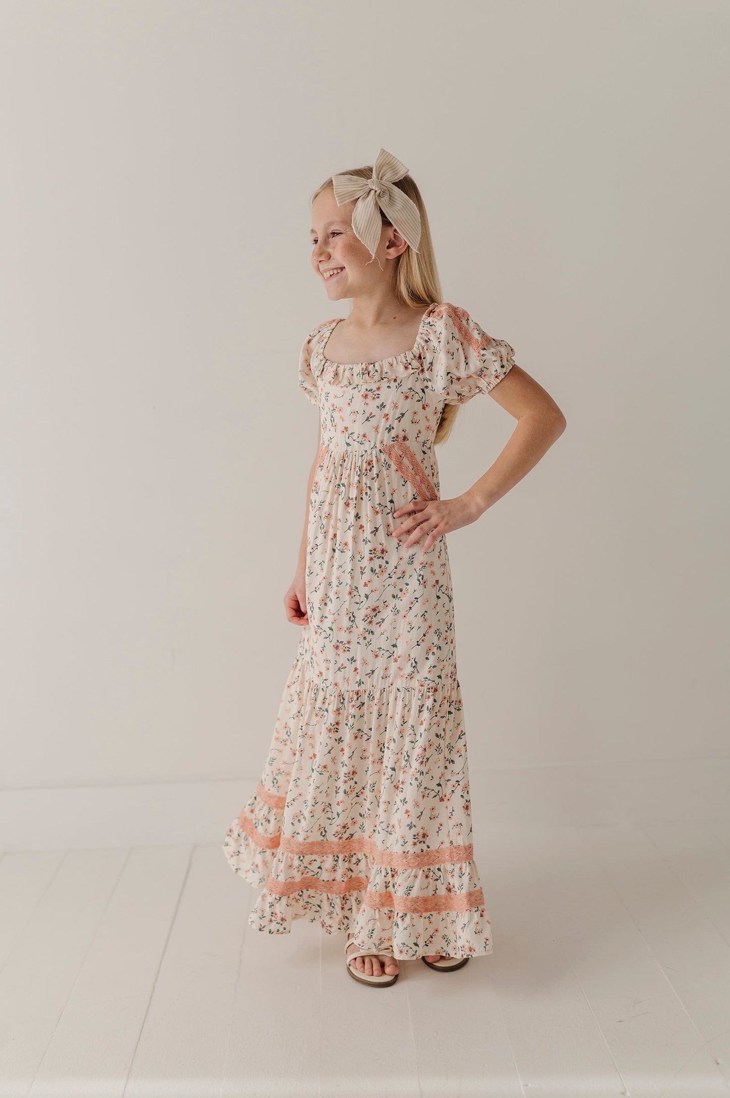 Girls Peasant Ruffle Maxi Dress in Dasha Ditsy in Cream