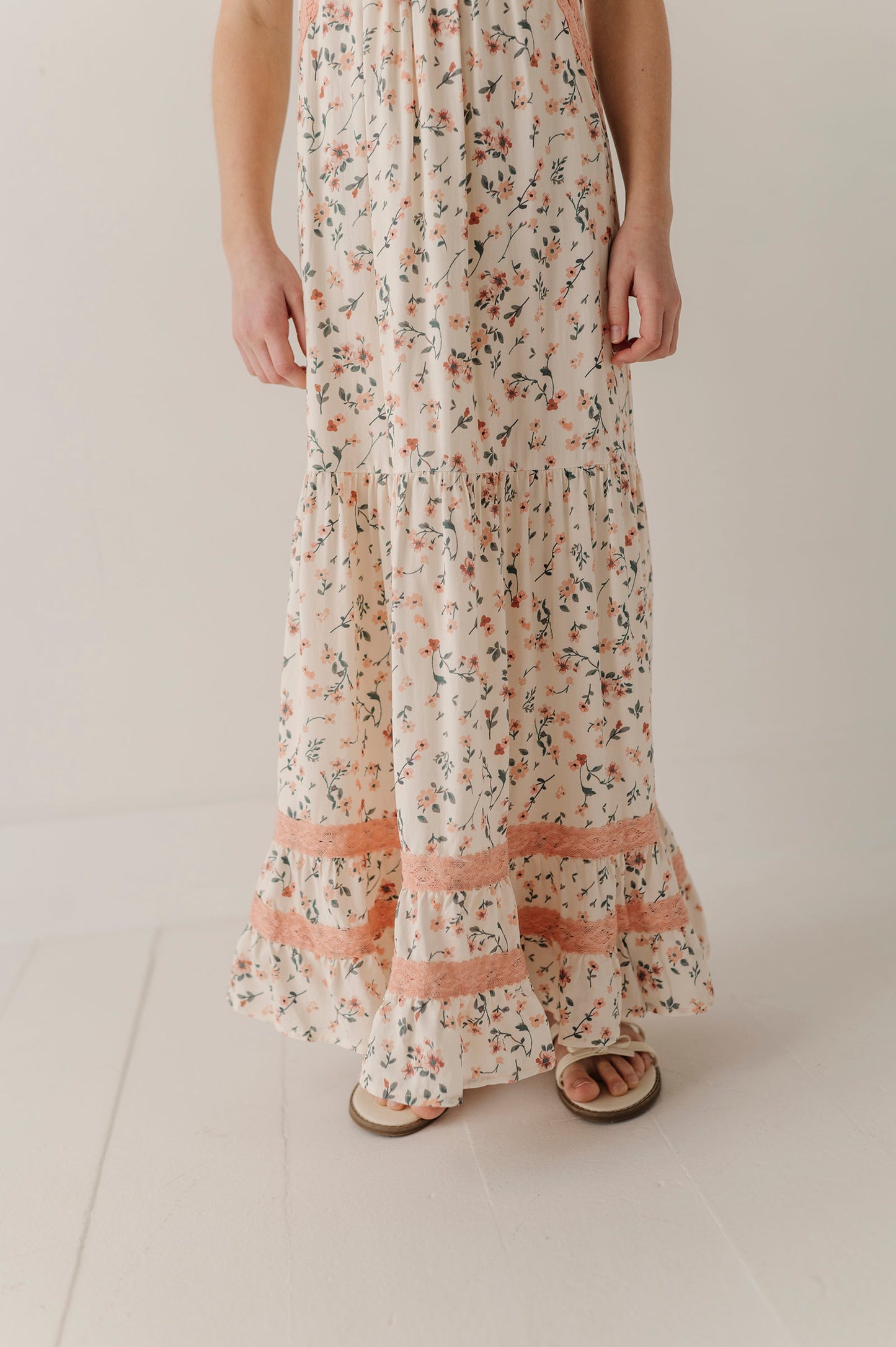 Girls Peasant Ruffle Maxi Dress in Dasha Ditsy in Cream