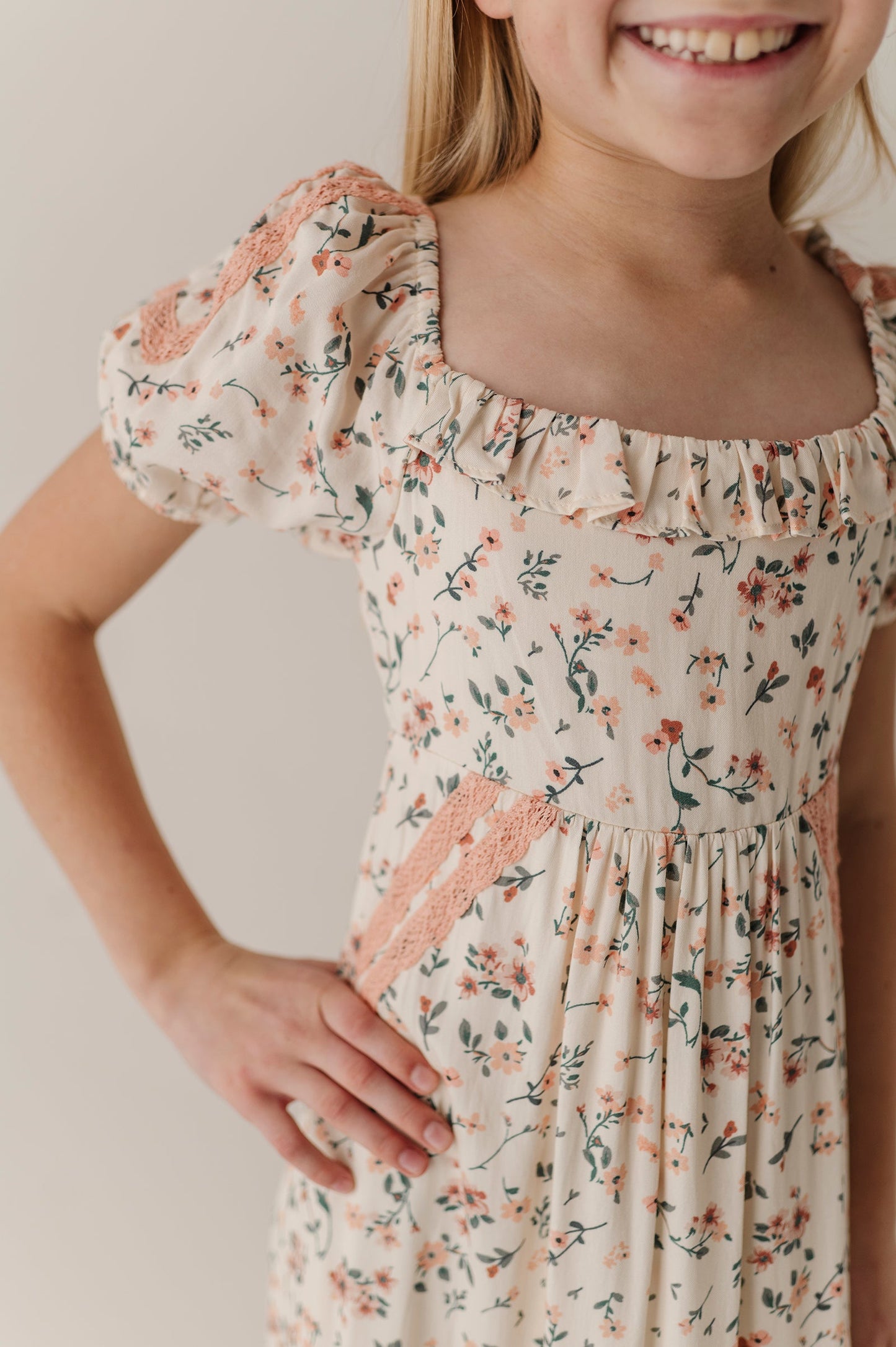 Girls Peasant Ruffle Maxi Dress in Dasha Ditsy in Cream