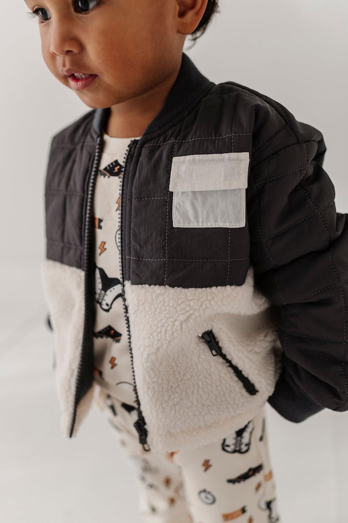 Boys Quilted Sherpa Jacket in Charcoal