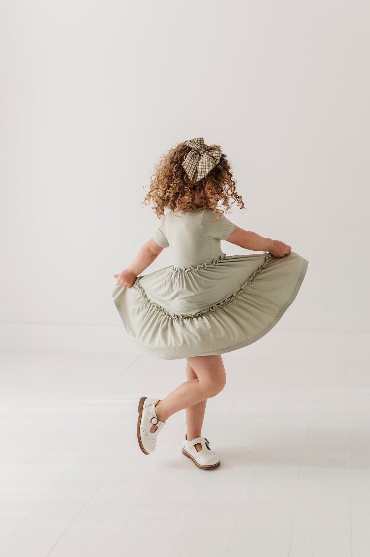 Girls Short Sleeve Double Tiered Dress in Sage