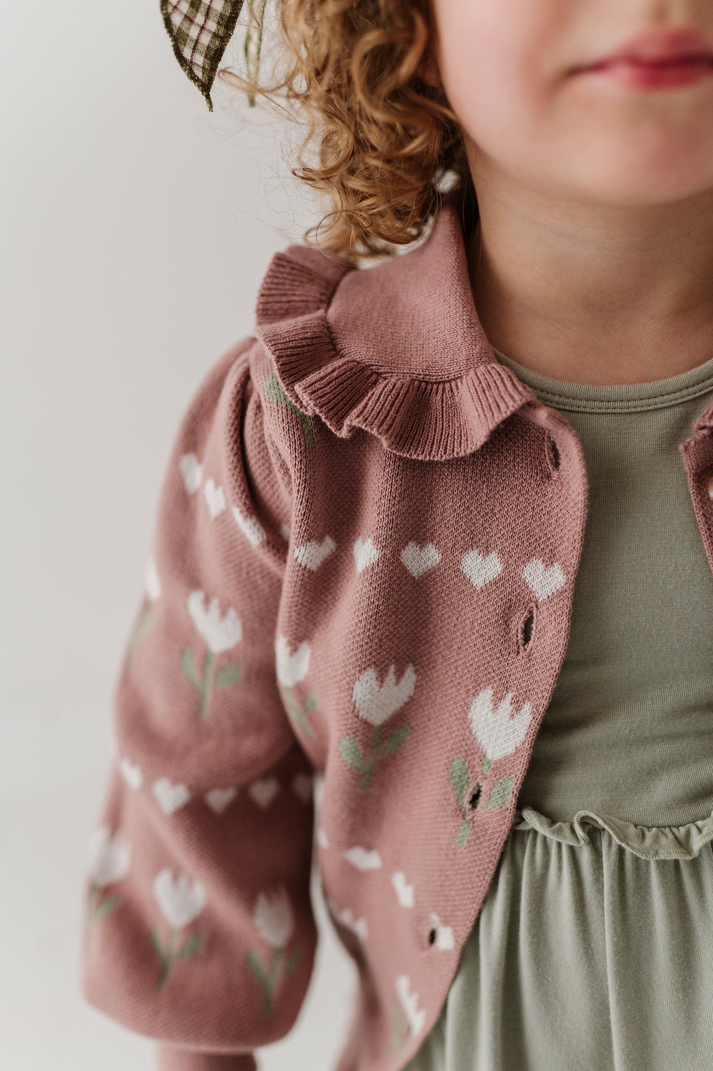 Girls Floral Knit Cardigan in Tulip Heart Intarsia