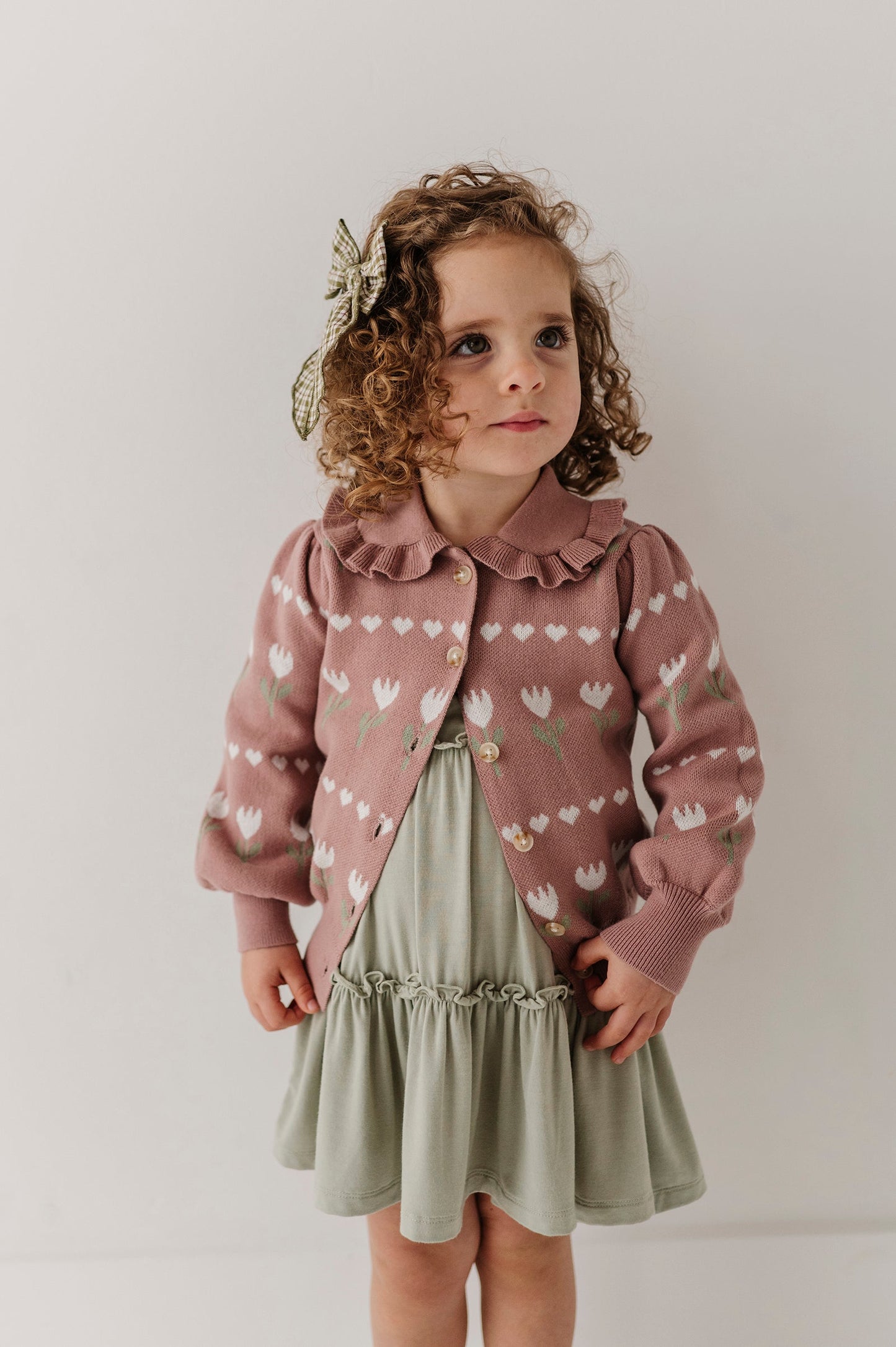Girls Floral Knit Cardigan in Tulip Heart Intarsia