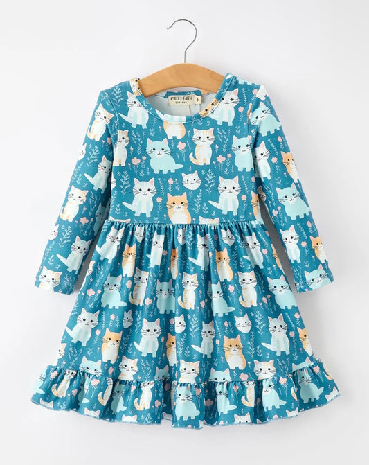 Cat Print Ruffle Hem Dress