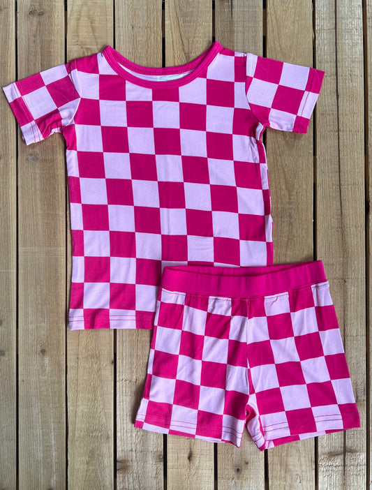 Pink Checkered Print Bamboo Set