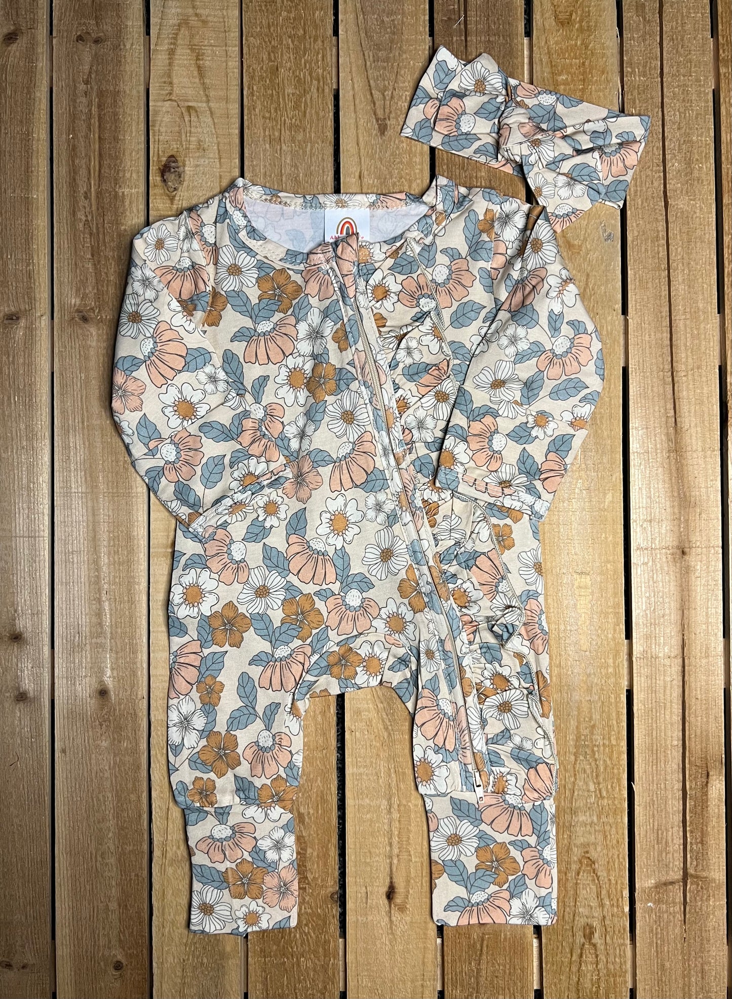 Beige Floral Print Bamboo Romper