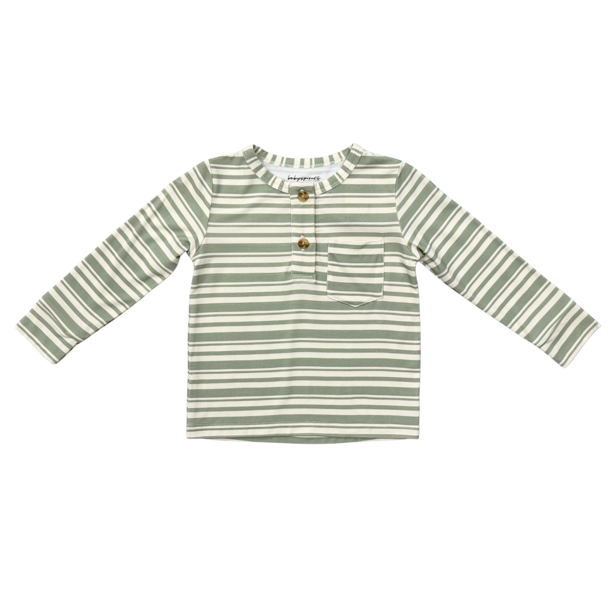 Boys Long Sleeve Henley Shirt in Sage Stripe