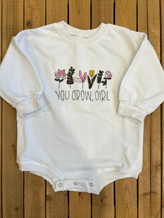 You Grow Girl Embroidered Bubble Romper