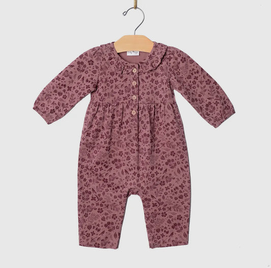 City Mouse Frill Collar Romper- Fall Plum Birds