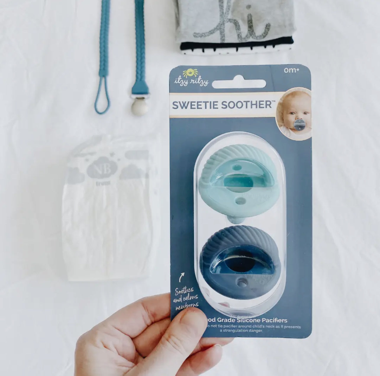 Sweetie Soother Pacifier Sets- Robin's Egg Blue & Navy Cables (0-6 months)