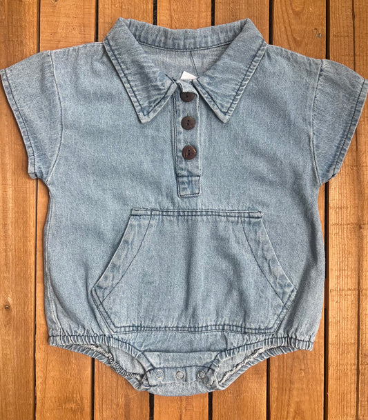 Collared Denim Pocket Romper