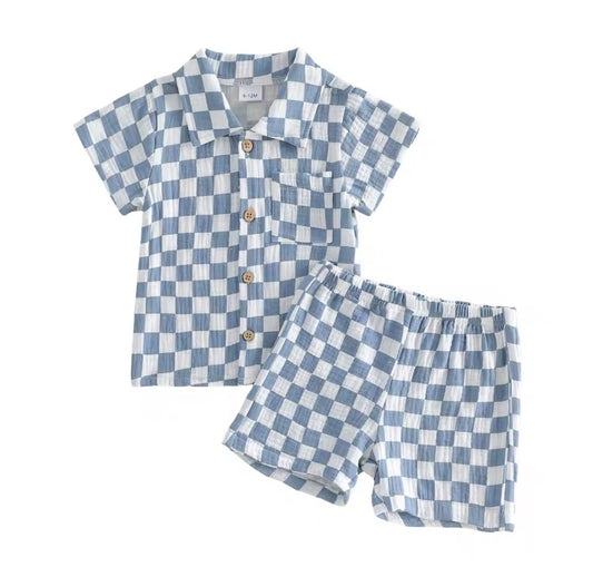 Blue Checkered Button-Up Set