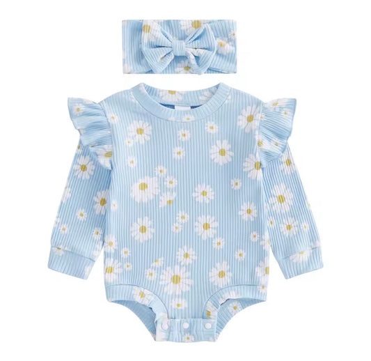 Blue Daisy Flutter Sleeve Romper Set