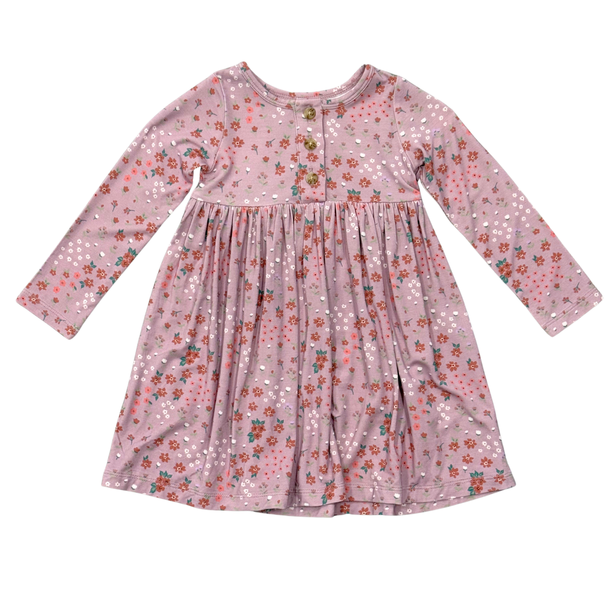 Girls Long Sleeve Henley Dress in Mini Lilac Cluster