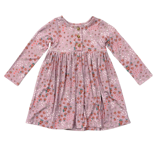 Girls Long Sleeve Henley Dress in Mini Lilac Cluster