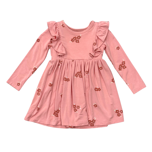 Girls Long Sleeve Ruffle Dress in Floral Stamp