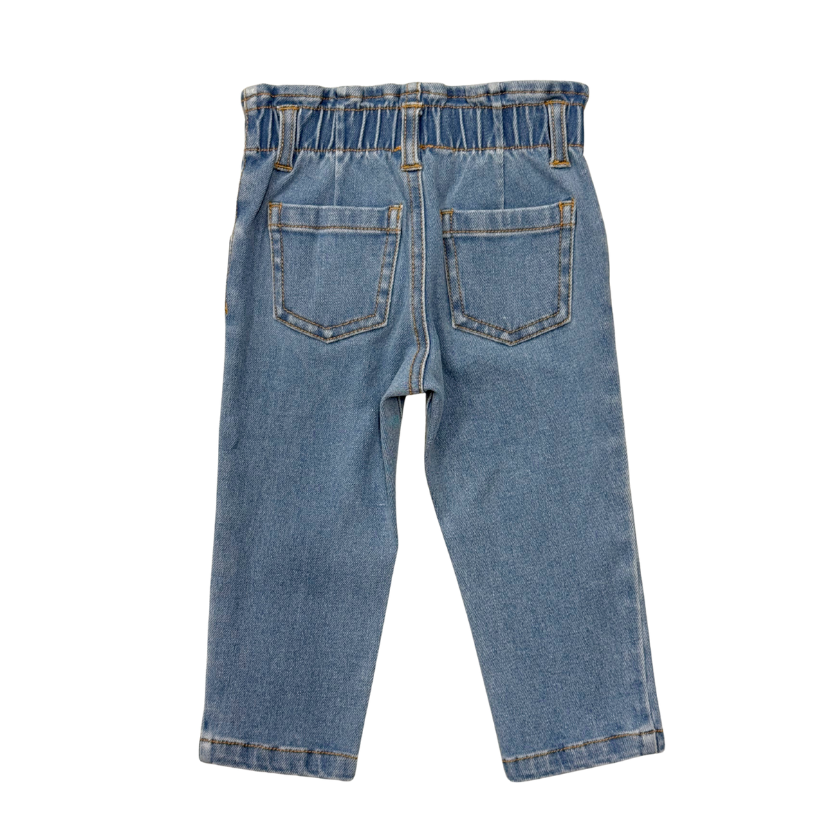 Girls Paperbag Denim Pants in Mid Blue Wash