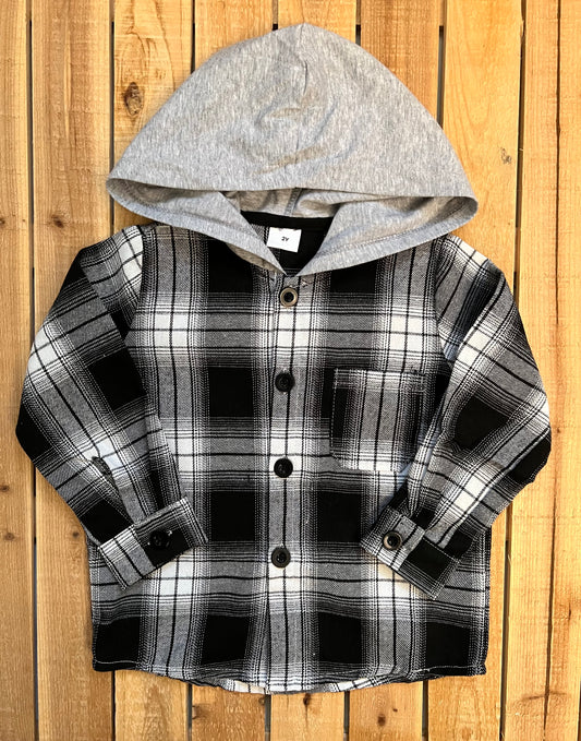 Black and White Plaid Hooded Button Up