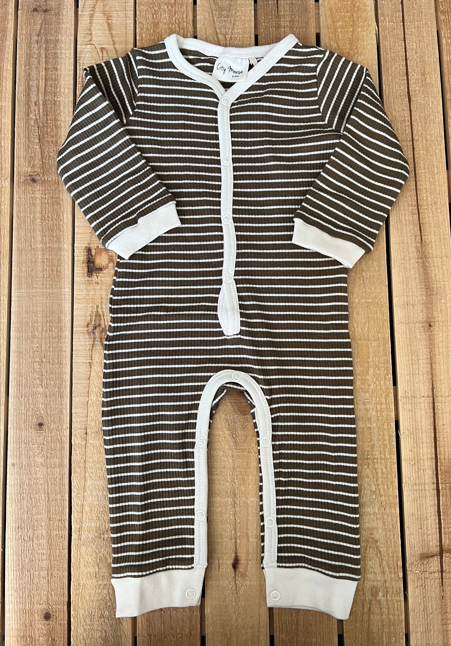 City Mouse Olive Stripe Snap Long Romper