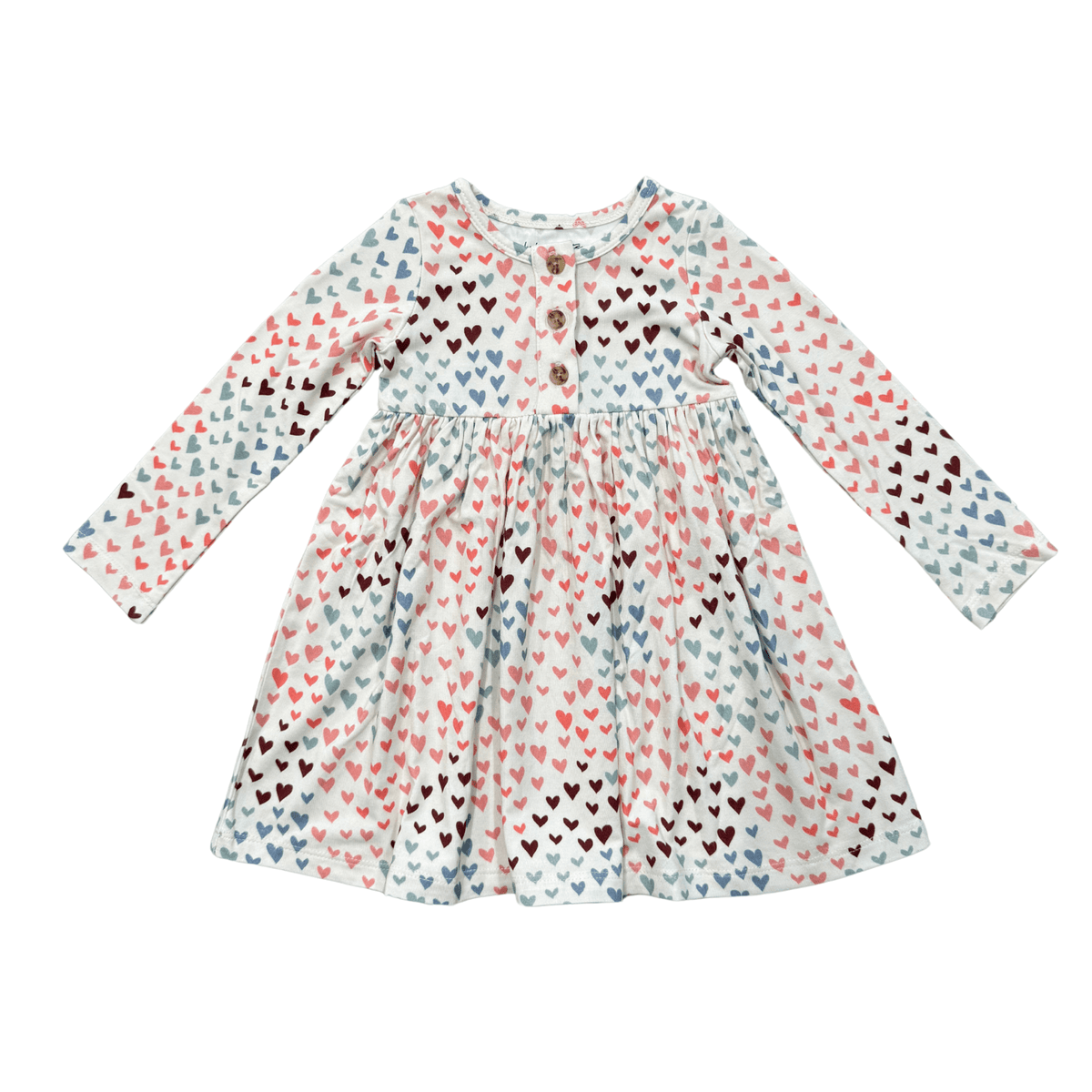 Girls Long Sleeve Henley Dress in Rainbow Hearts