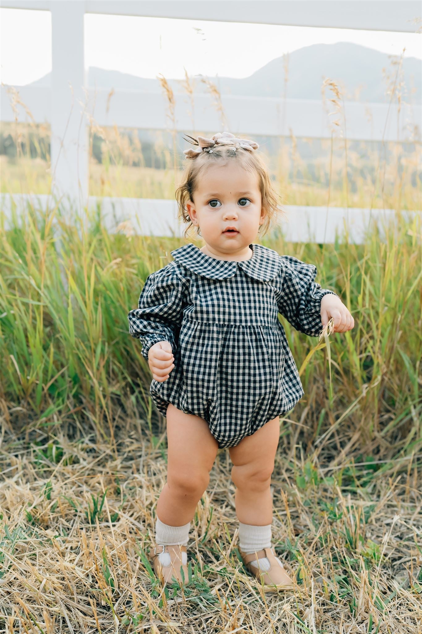 Mebie Baby Gingham Peter Pan Collar Long Sleeve Bubble Romper