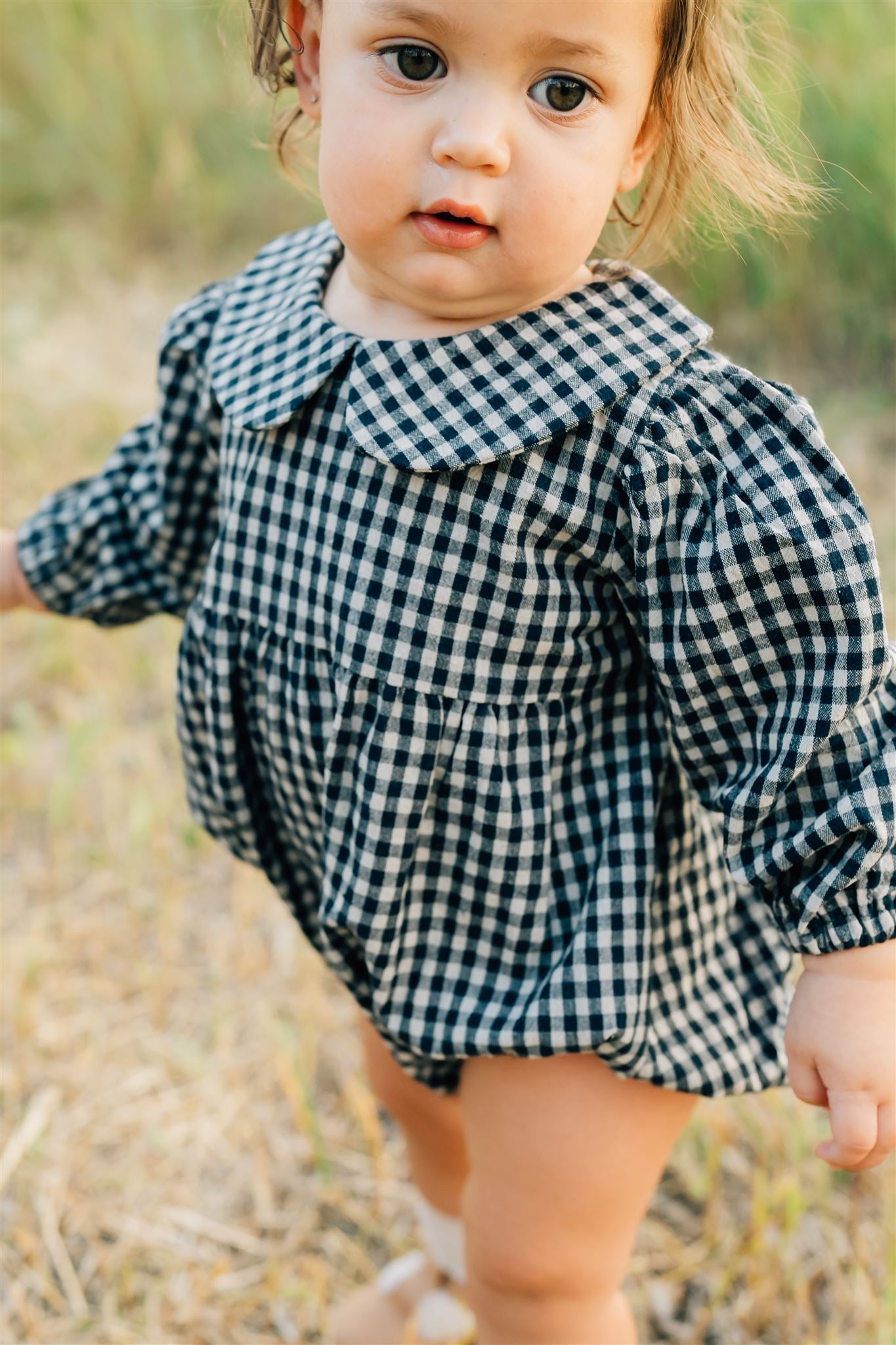 Mebie Baby Gingham Peter Pan Collar Long Sleeve Bubble Romper