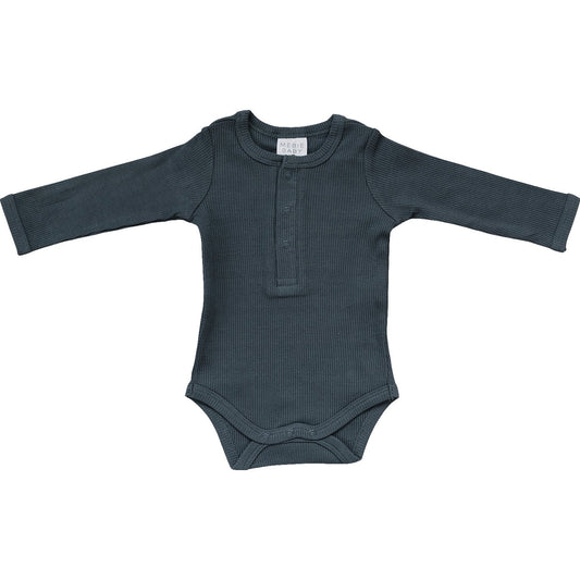 Mebie Baby Charcoal Organic Snap Long Sleeve Ribbed Bodysuit