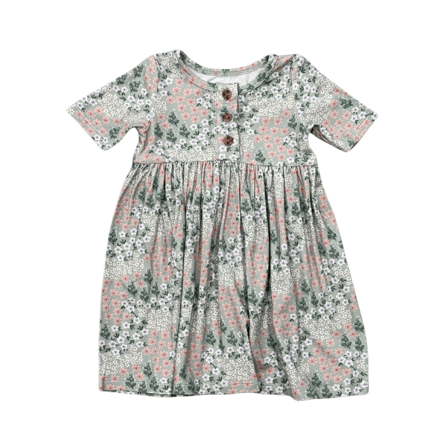 Girls Short Sleeve Henley Dress in Aqua Grey Floral