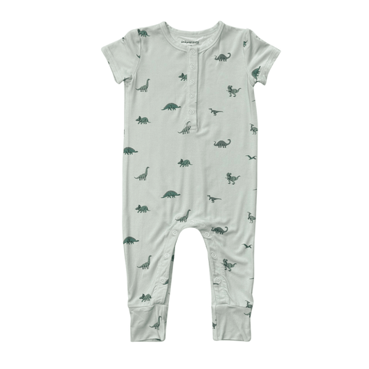 Baby Boy Short Sleeve Henley Romper in Dinosaur