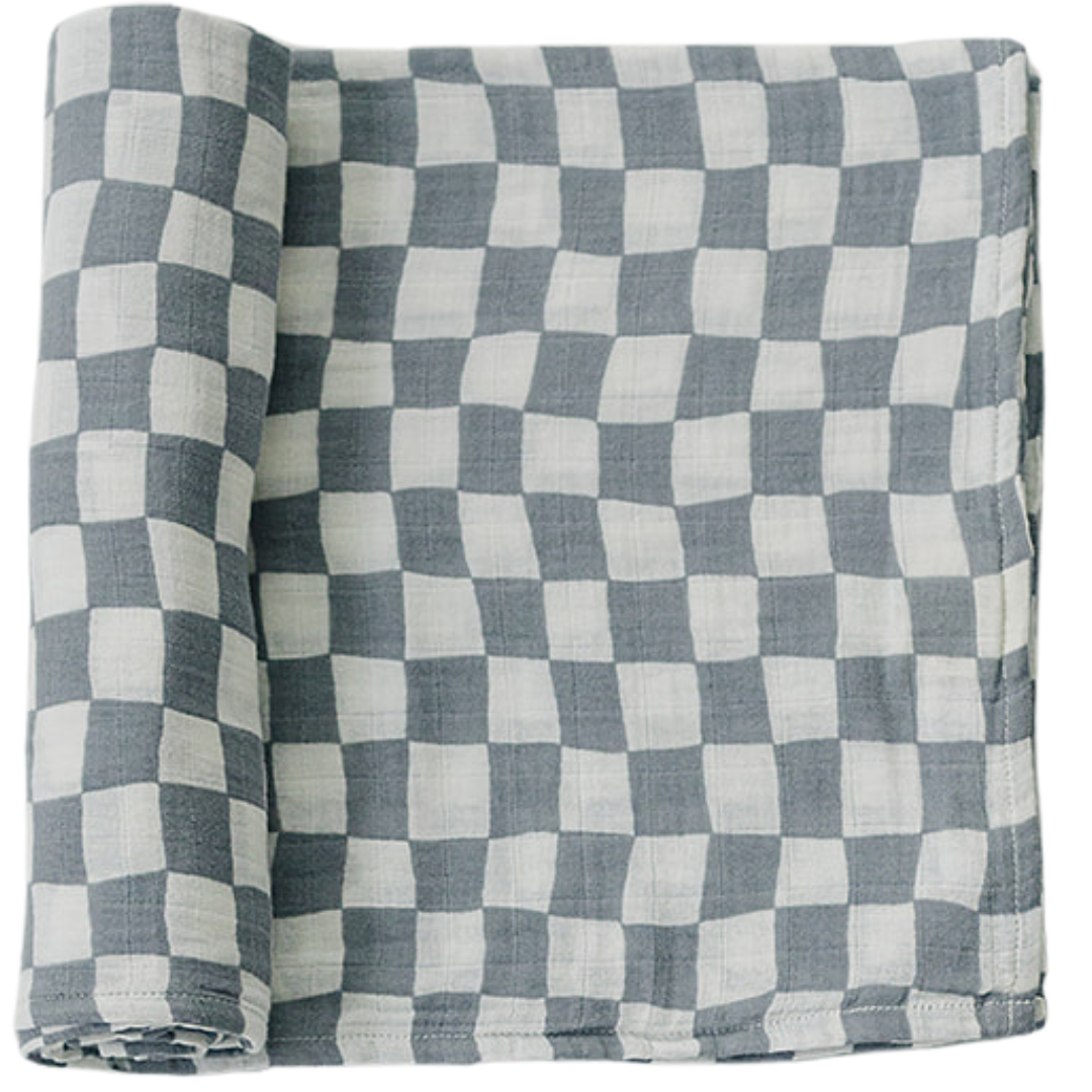 Mebie Baby Dusty Blue Wavy Checkered Muslin Swaddle Blanket