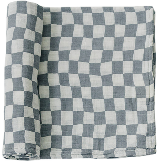 Mebie Baby Dusty Blue Wavy Checkered Muslin Swaddle Blanket