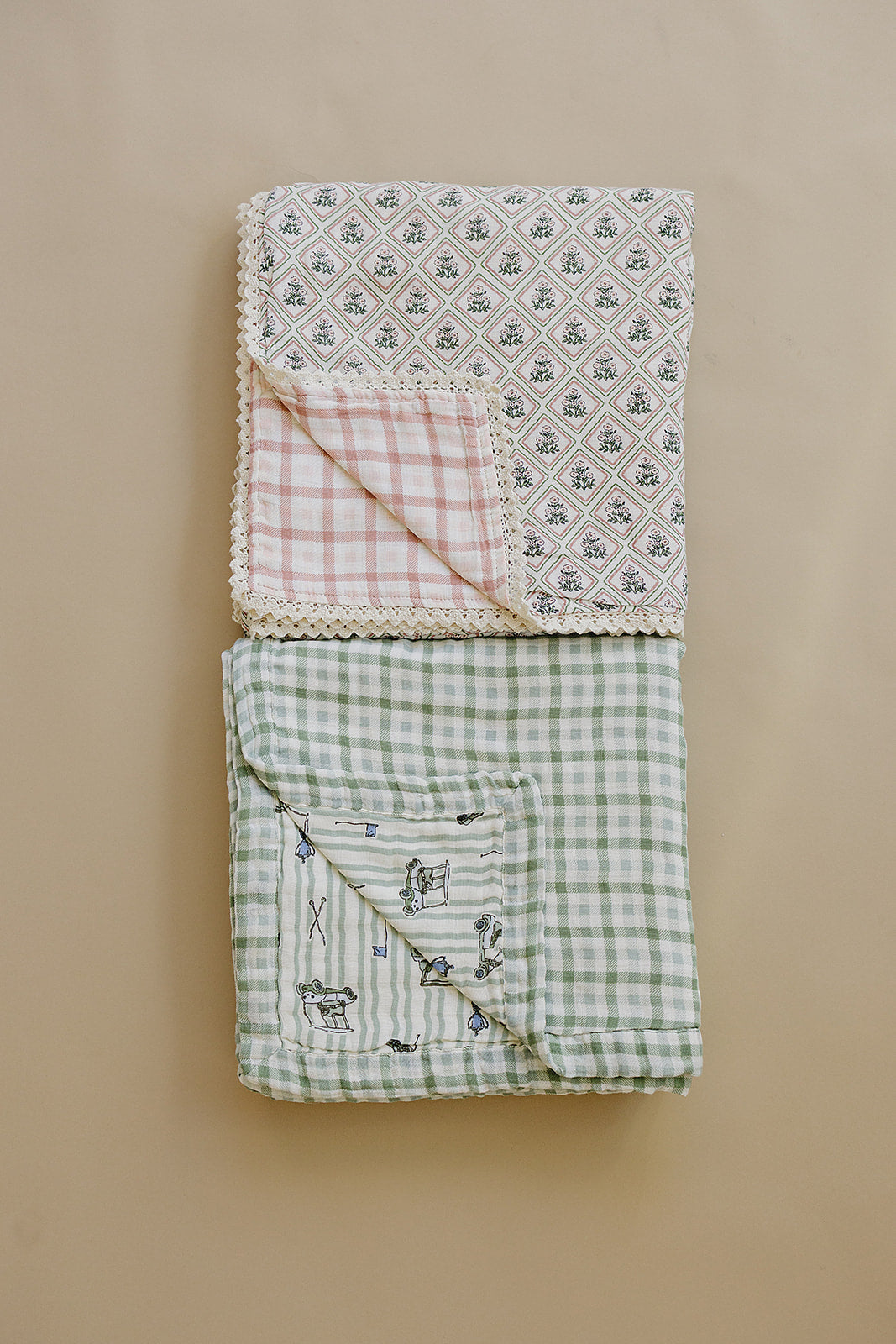 Country Garden Floral + Pink Gingham Lace Muslin Quilt