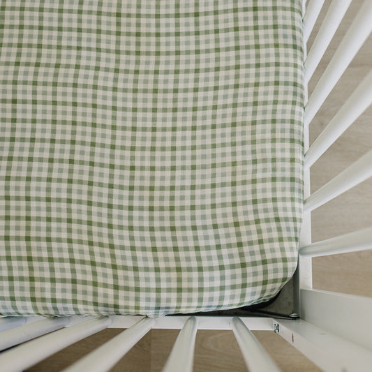 Green Gingham Muslin Crib Sheet