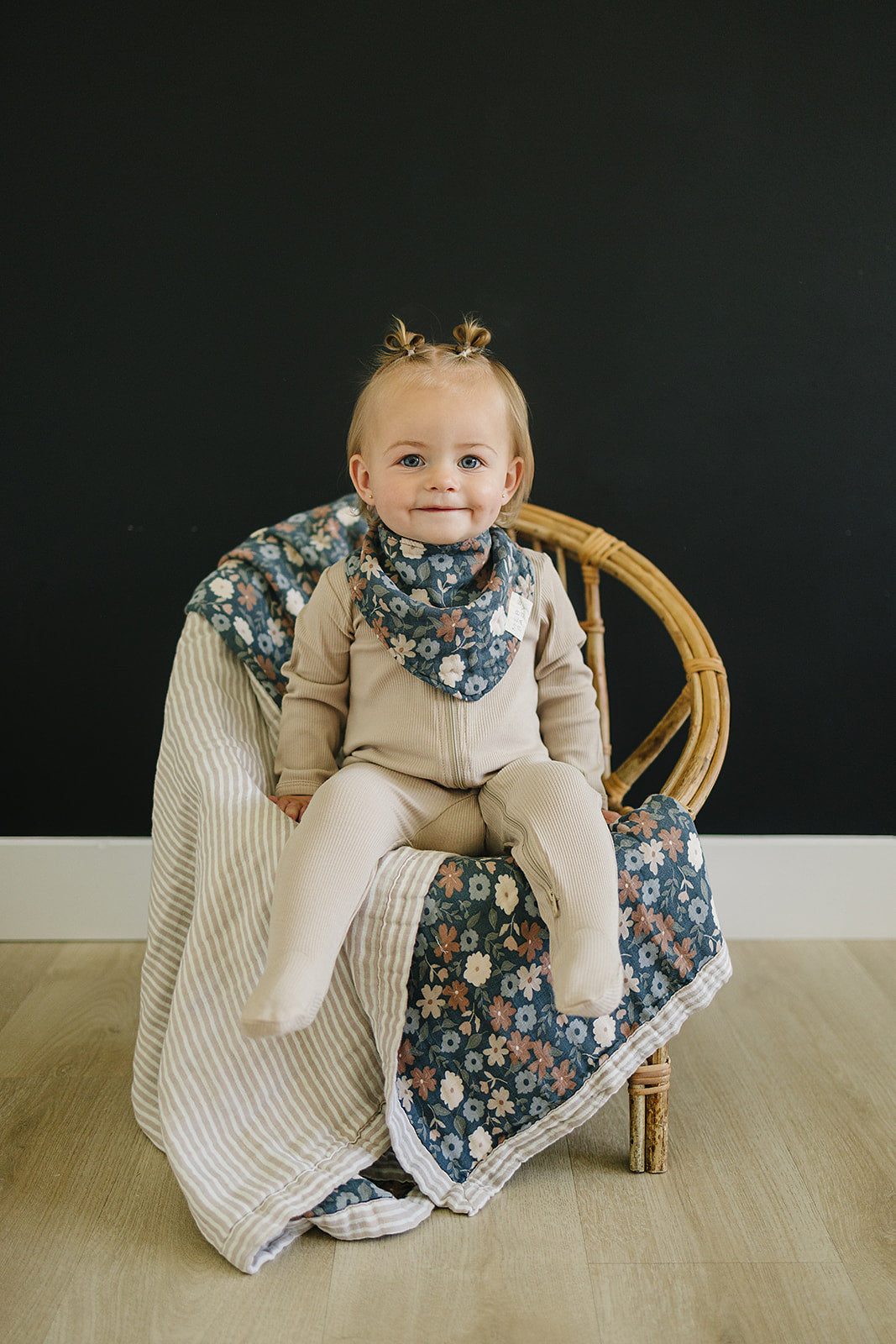 Mebie Baby Taupe Stripe + Midnight Floral Muslin Quilt