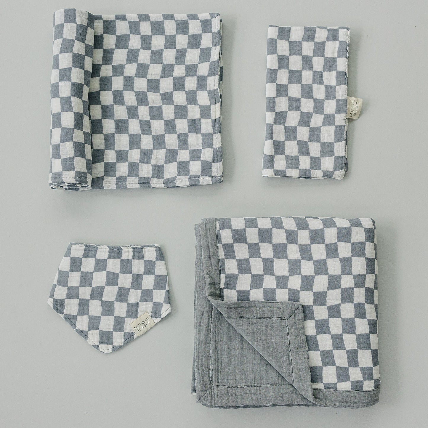 Mebie Baby Dusty Blue Wavy Checkered Muslin Burp Cloth