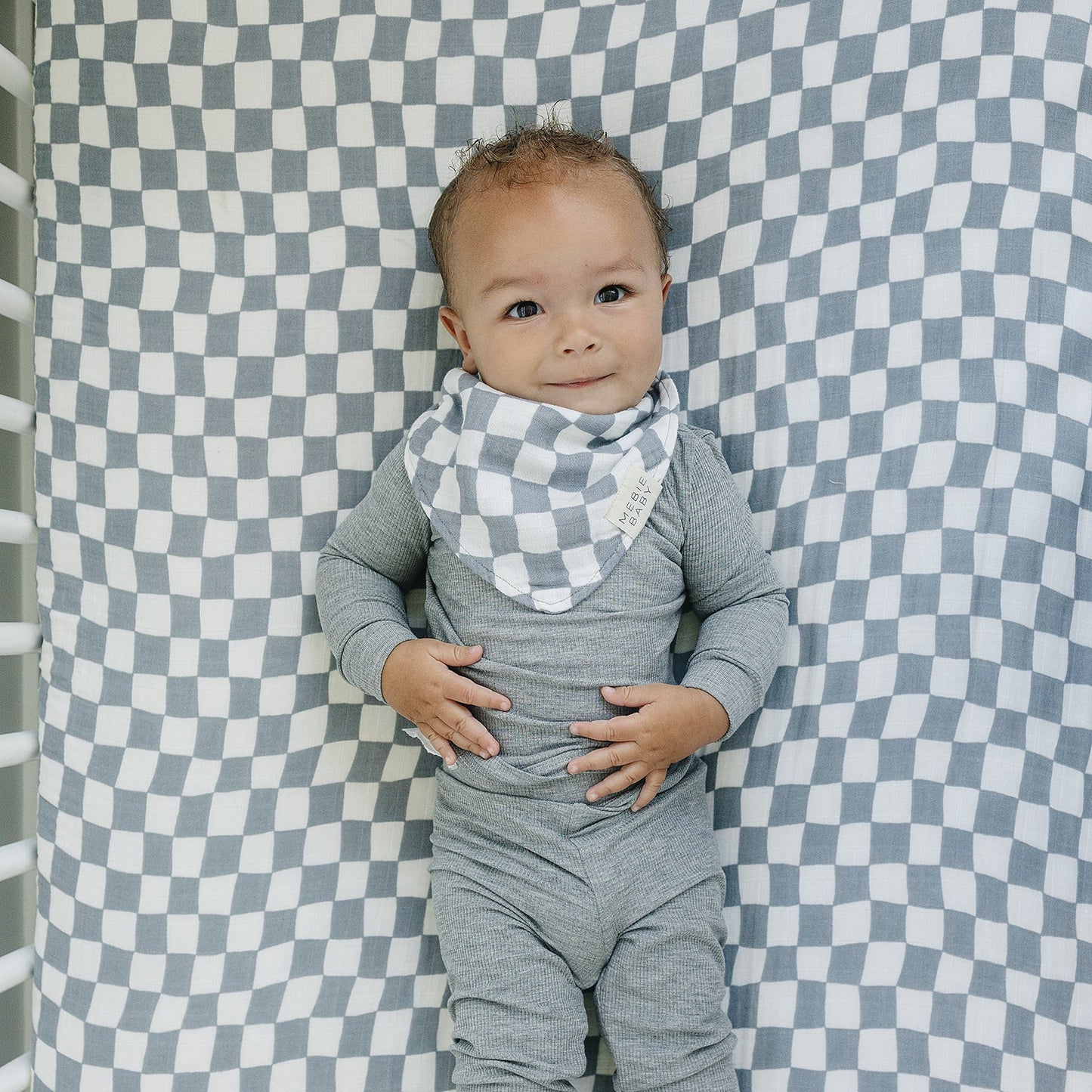 Mebie Baby Dusty Blue Wavy Checkered Muslin Bib