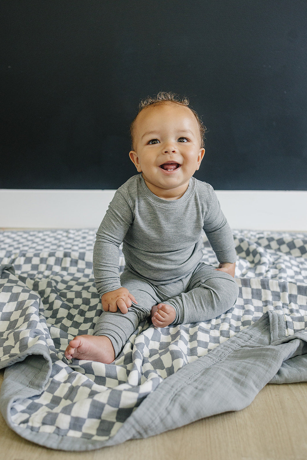 Mebie Baby Dusty Blue Wavy Checkered Muslin Quilt