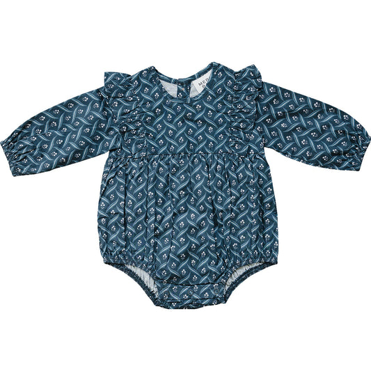 Mebie Baby Navy Berry Long Sleeve Ruffle Bubble Romper