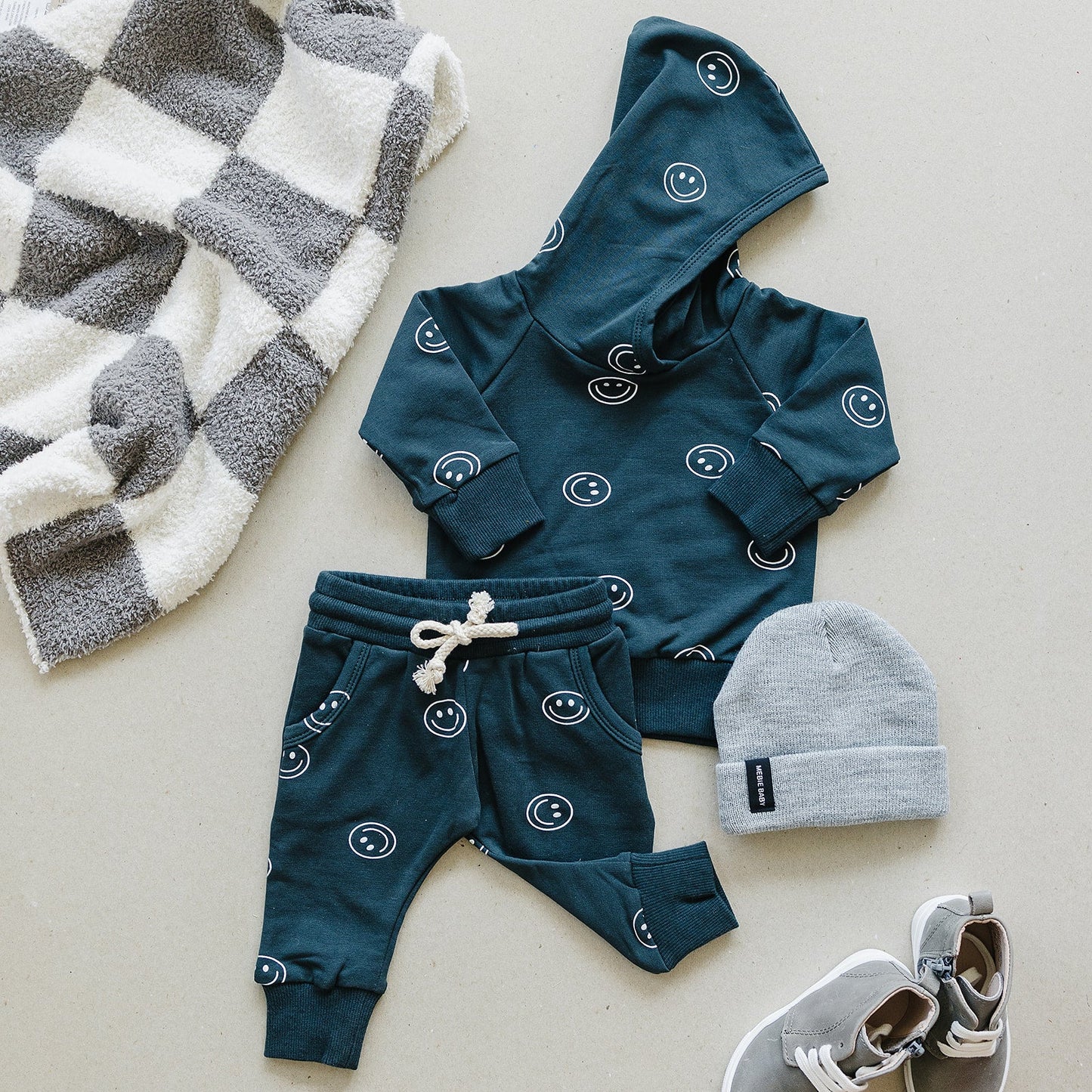 Mebie Baby Dark Teal Smiley Hooded French Terry Set